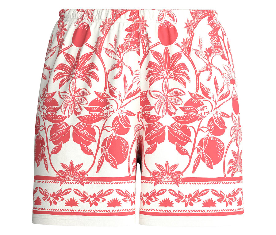Weiße Shorts mit rotem Blumen- und Orangenmuster.