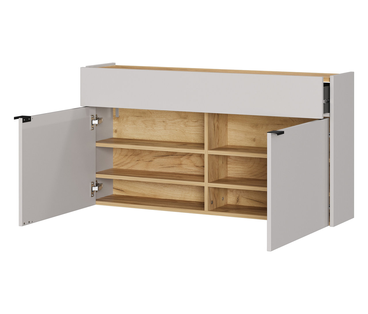 Ein grauer Hängeschrank mit zwei offenen Türen zeigt Holzregale im Inneren.