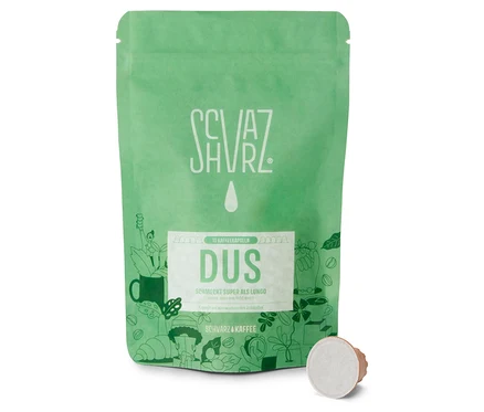 Grüne Packung Schvarz - DUS Lungo - 10 Kapseln mit einer Kaffeekapsel daneben.
