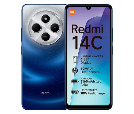 Xiaomi Redmi 14C 128GB in Starry Blue Farbe ist sichtbar. Das Smartphone zeigt seine Rückseite mit einem auffälligen Kameramodul.