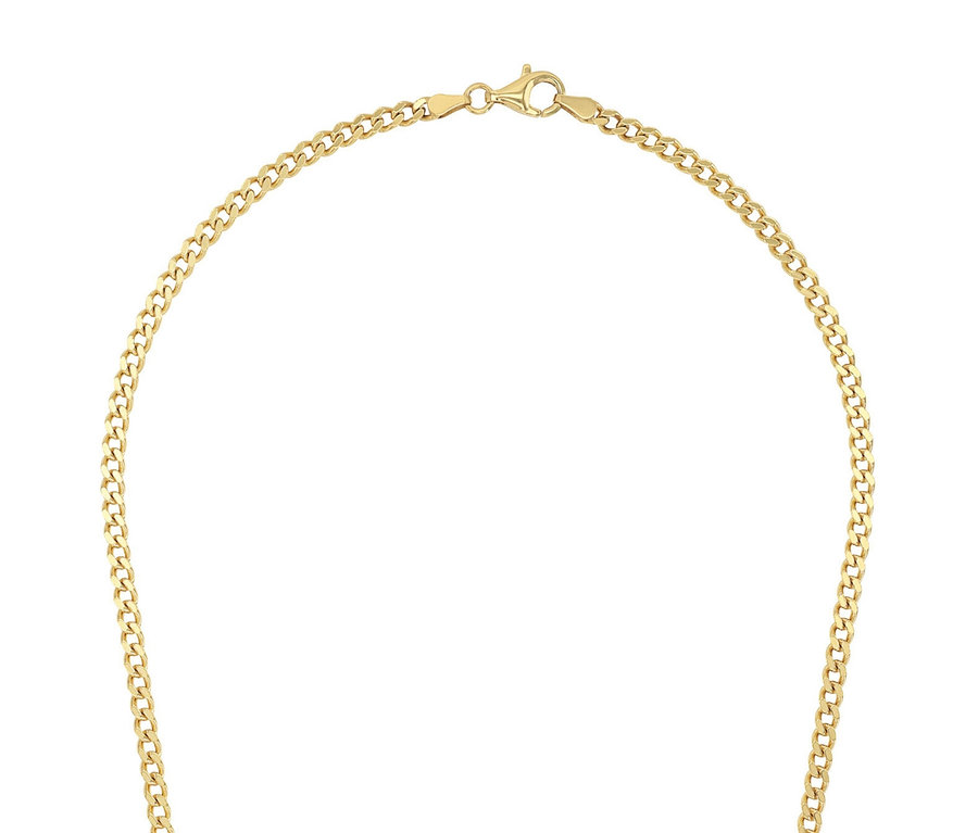 Nahaufnahme einer goldenen Halskette mit Karabinerverschluss.