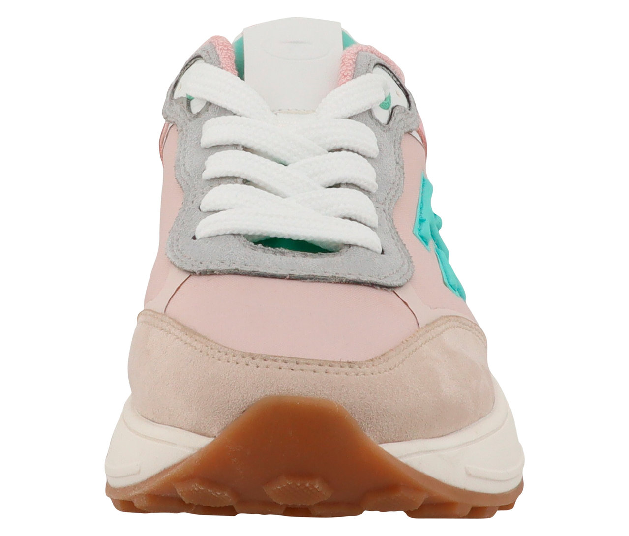 Nahaufnahme eines rosa Sneakers mit weißen Schnürsenkeln und türkisfarbenem Logo.