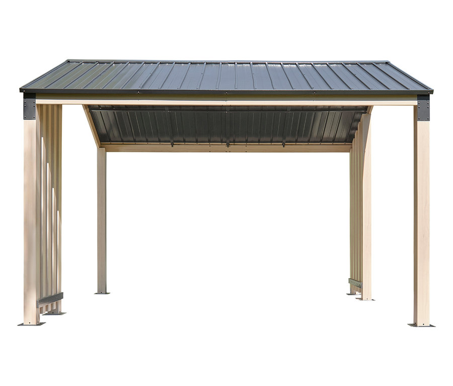 Freistehender Pavillon mit Metalldach und beigefarbenen Pfosten.