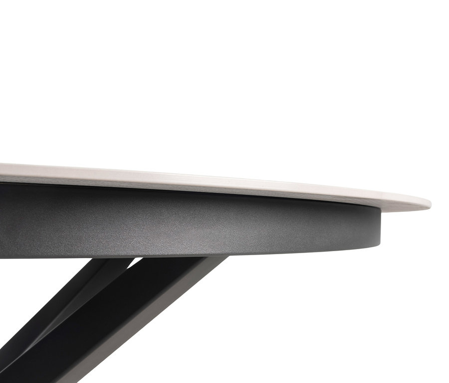 Detailansicht einer hellgrauen deVries Tischplatte, Ø ca. 120 cm.