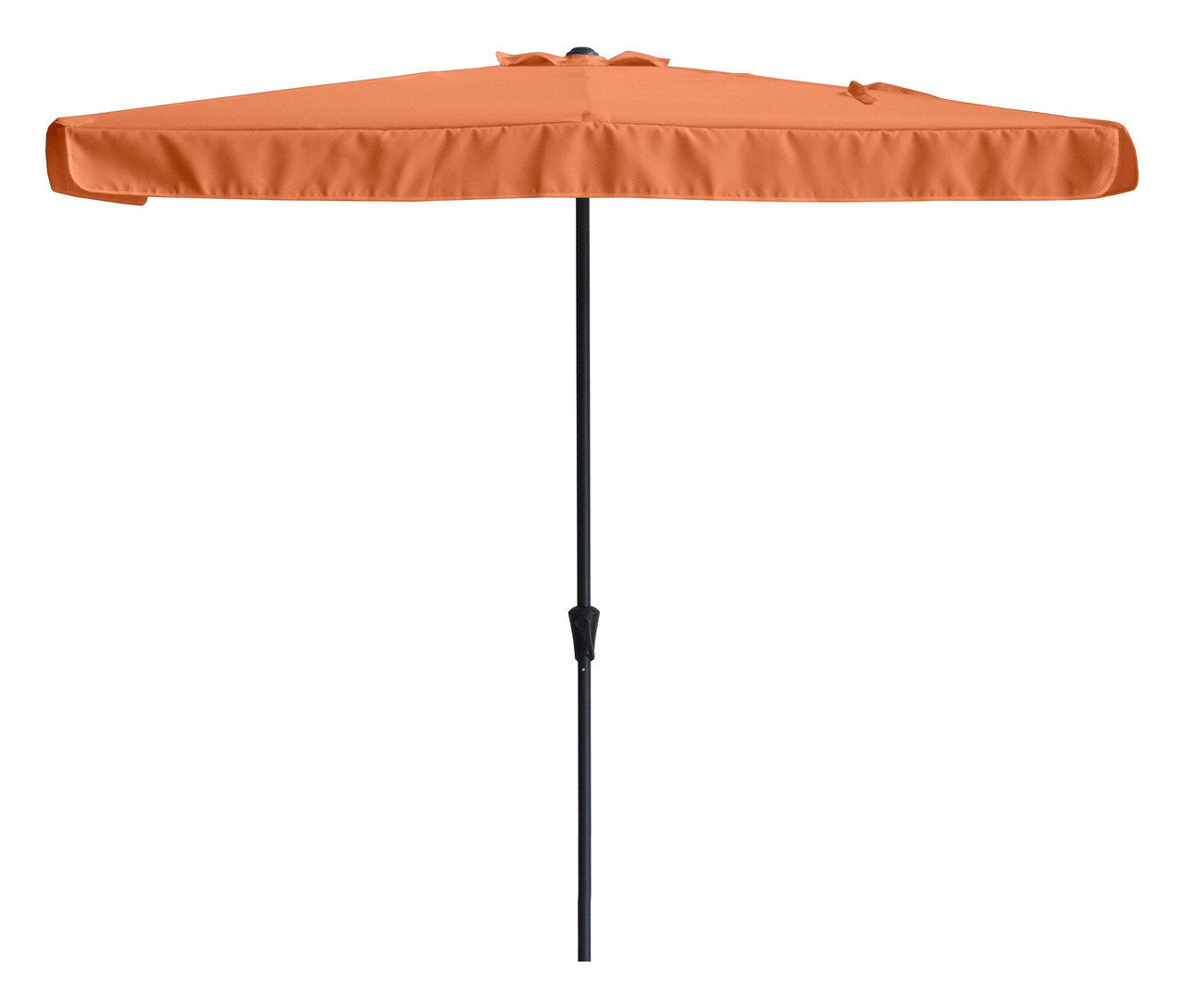 Quadratischer, orangefarbener Sonnenschirm mit schwarzem Mast.