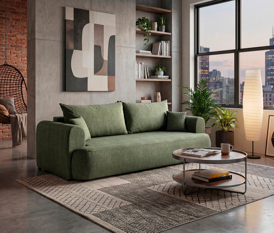 Wohnzimmer mit grünem Sofa, Couchtisch, Bücherregal, Hängelampe und Blick auf die Stadt.