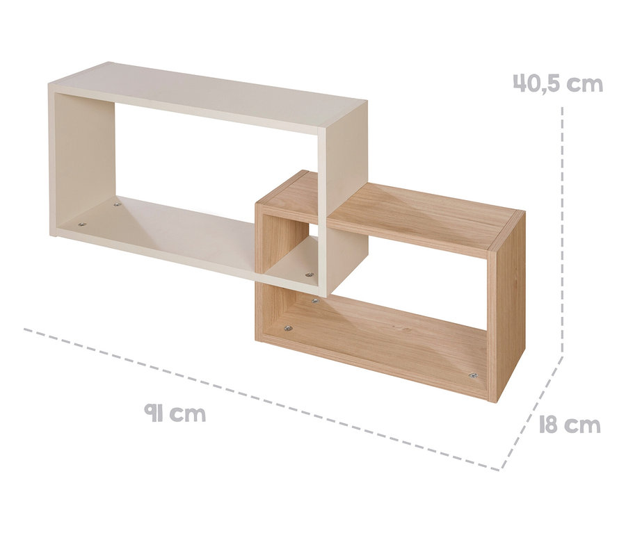 Das Roba Wandregal »Louisa« in Weiß und Holz ist horizontal angeordnet und zeigt seine Maße.