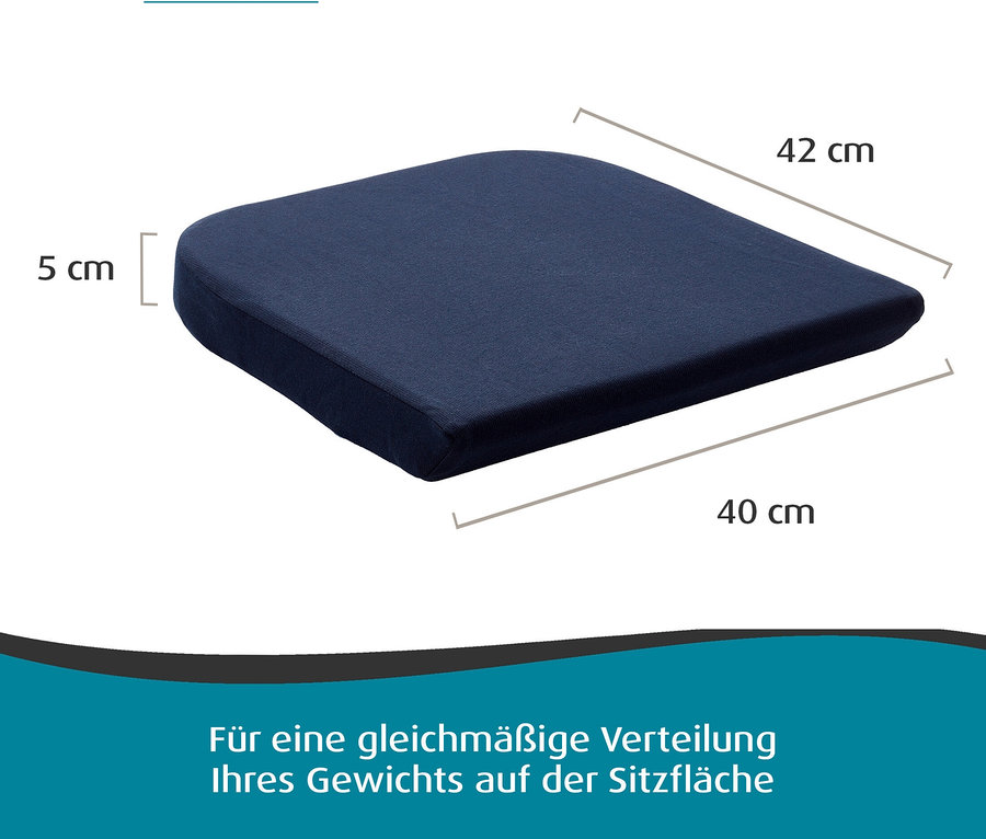 Blaues TEMPUR Sitzkissen mit Maßangaben 42x40x5cm.
