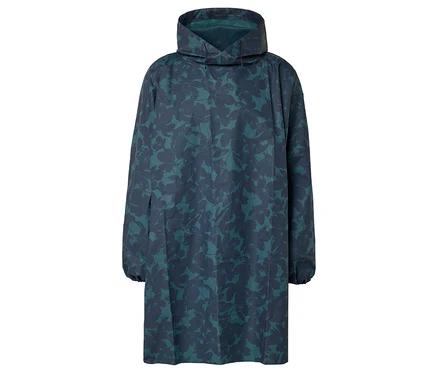Blau-grüner Regenponcho mit Blumenmuster und Kapuze.
