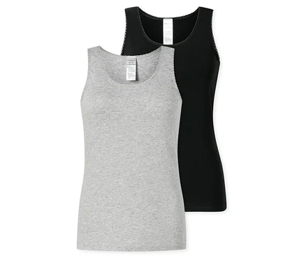 Zwei SCHIESSER Tops, eins grau und eins schwarz, liegen übereinander. Beide haben dünne Träger und einen Spitzenrand.
