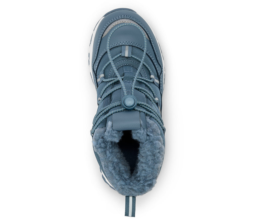 Draufsicht auf einen blauen Winterstiefel mit Schnürung und Fellfutter.