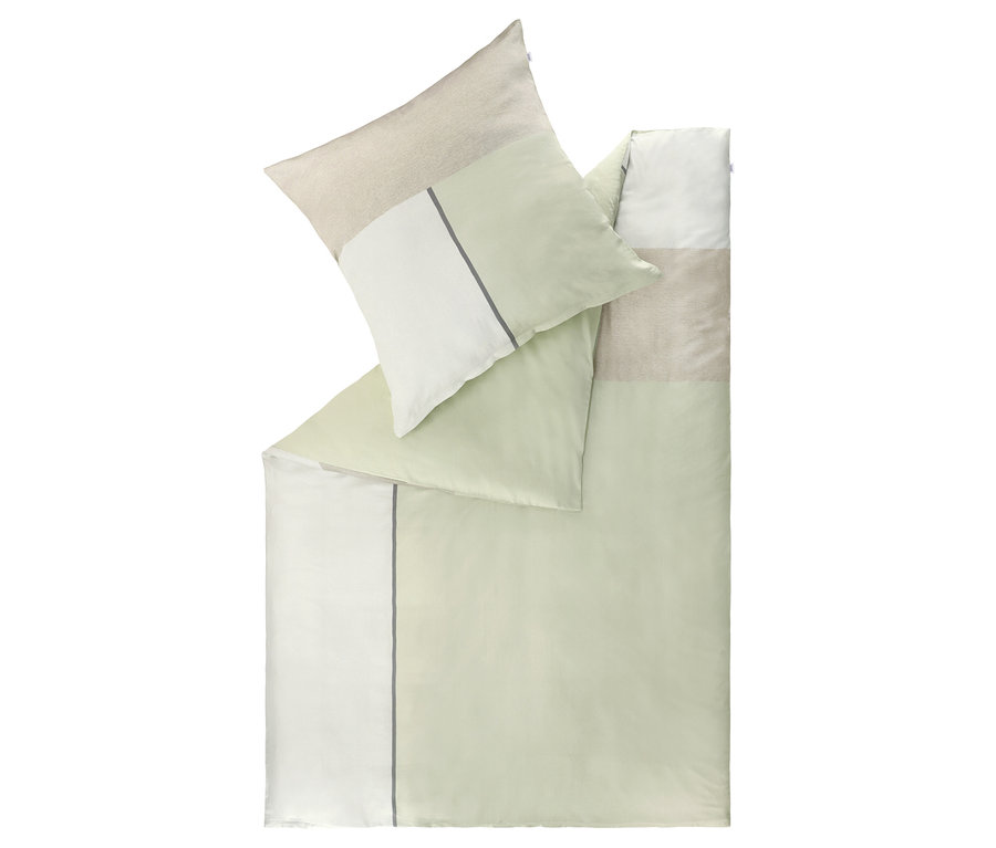 SCHÖNER WOHNEN-Kollektion Bettwäsche »PLACES« in Hellgrün, Weiß und Beige mit grauem Streifen.