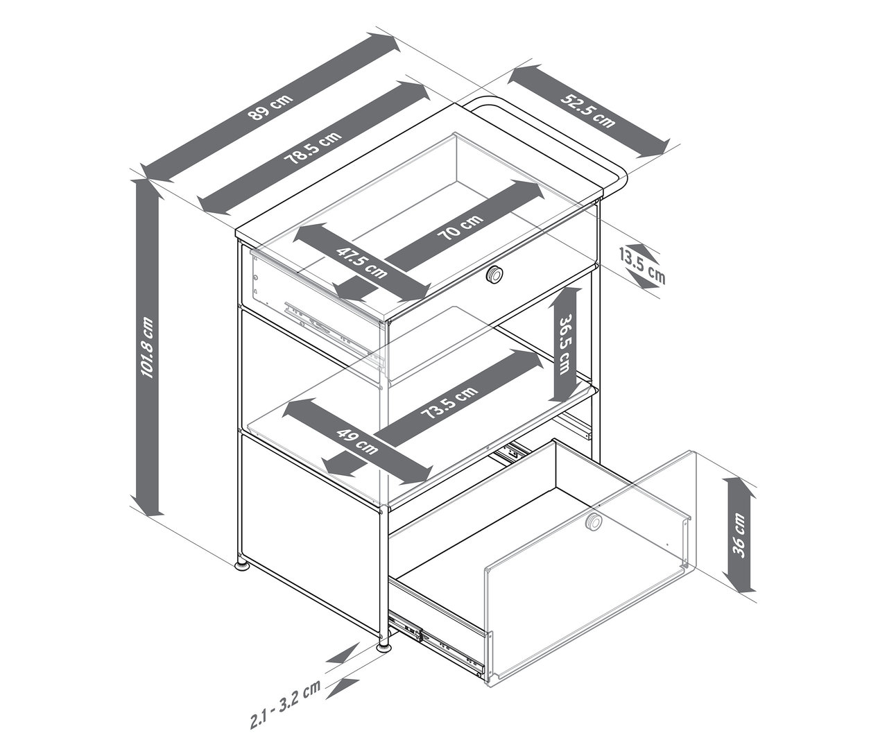 Draufsicht einer Kaffee-Kommode Metall »CN3« mit zwei Schubladen und Maßangaben.