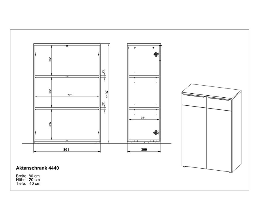 Technische Zeichnung eines kleinen Aktenschranks »Oviedo« mit Breiten-, Höhen- und Tiefenangaben.