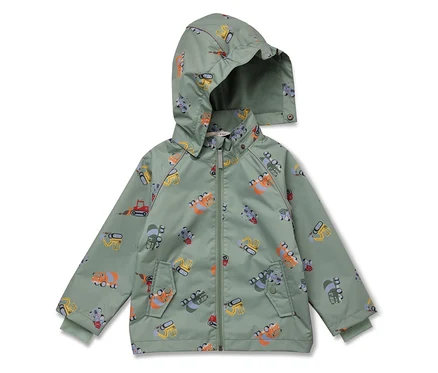 Hellgrüne Kinderjacke mit Kapuze, bedruckt mit Bauarbeiter-Motiven.