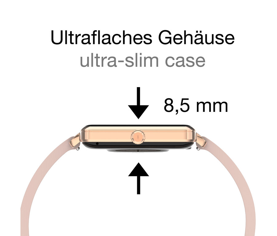 Seitenansicht einer Smartwatch mit roségoldenem Gehäuse und rosafarbenem Armband, die eine Gehäusedicke von 8,5 mm zeigt.