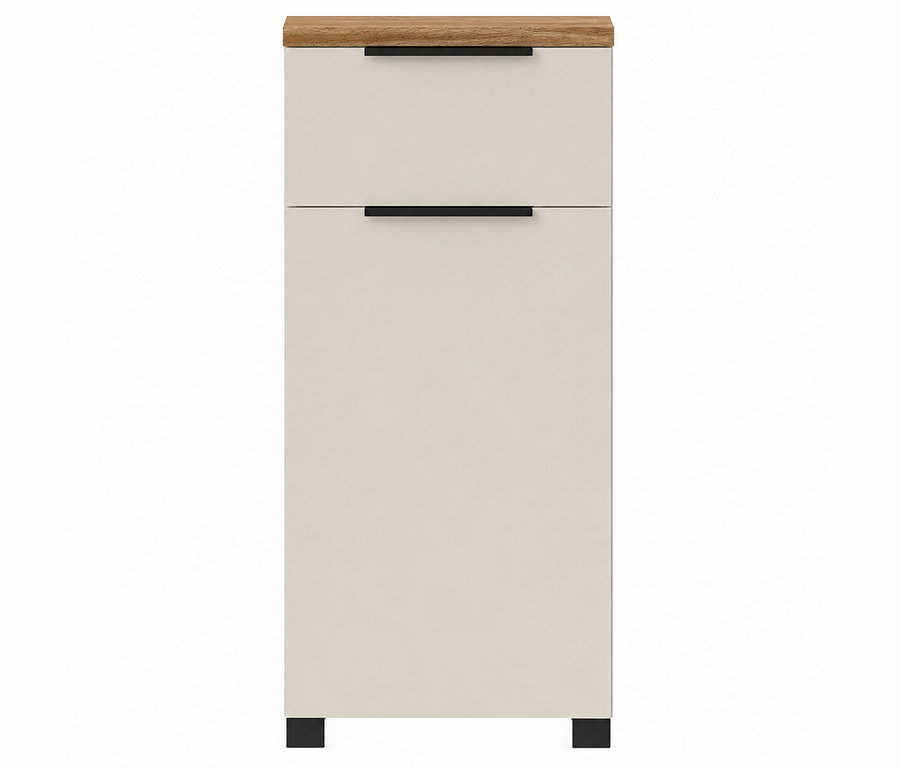 Hellbeiger Schrank mit Holzplatte, zwei schwarzen horizontalen Griffen und schwarzen quadratischen Füßen.