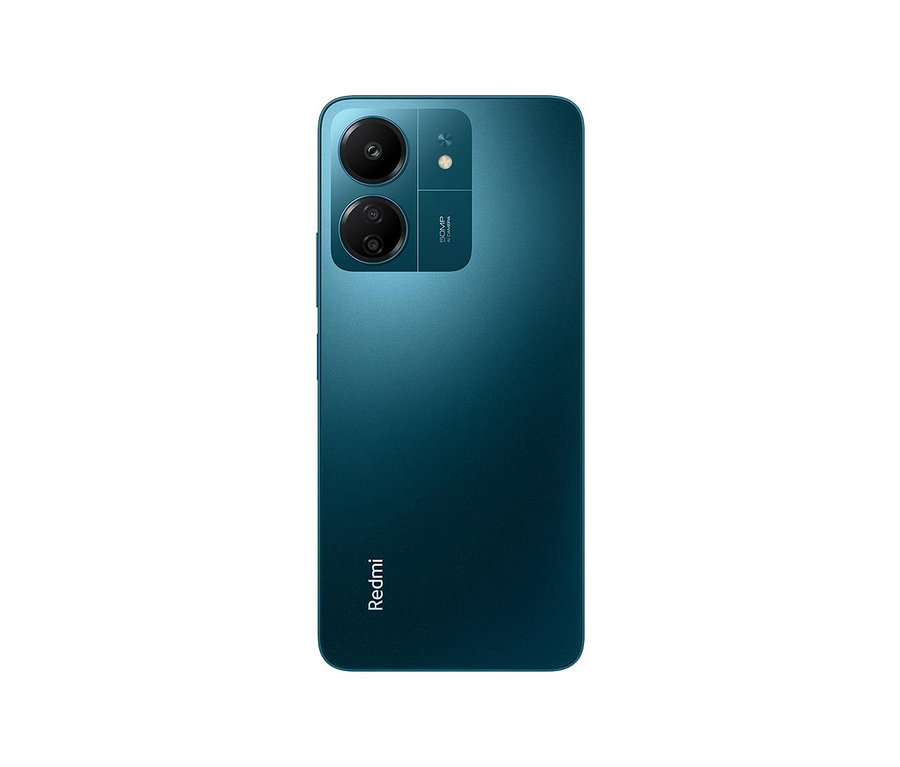 Detailansicht der Rückseite eines marineblauen Xiaomi Redmi 13C 128 GB Mobiltelefons.