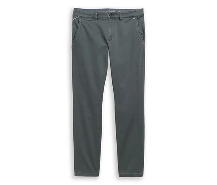 Dunkelolivfarbene Tom Tailor TTSIMON Slim Chino Hose mit Knopfverschluss und Taschen.