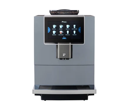 Grauer Profi-Kaffeevollautomat »Tchibo Office« inklusive Wasserfilter mit Touchscreen-Bedienfeld und verschiedenen Kaffeeauswahlmöglichkeiten.