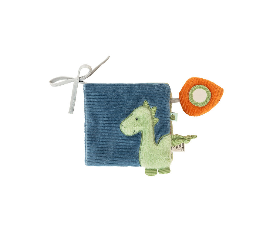 Blaues Baby-Stoffbuch aus Cord mit hellgrünem Plüsch-Dinosaurier und orangefarbenem Raketen-Element; oben links mit grauer Schleife.