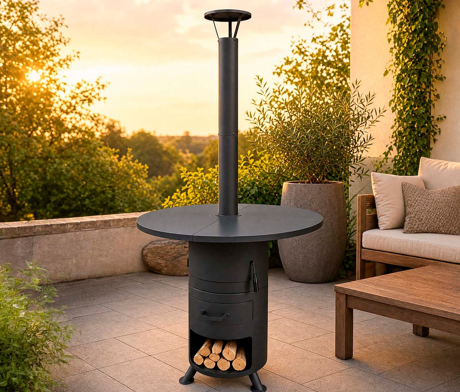 Schwarzer Outdoor-Ofen mit runder Kochfläche und hohem Schornstein auf einer gefliesten Terrasse. Holzscheite lagern im Sockel, im Hintergrund eine Holzbank und ein Tisch bei Sonnenuntergang.
