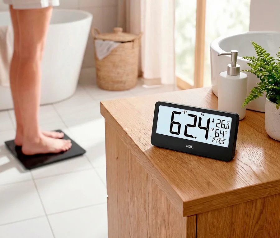 Eine Person steht barfuß auf einer schwarzen digitalen Personenwaage. Daneben zeigt ein Display auf einem Holzschrank "62.4 kg" an.