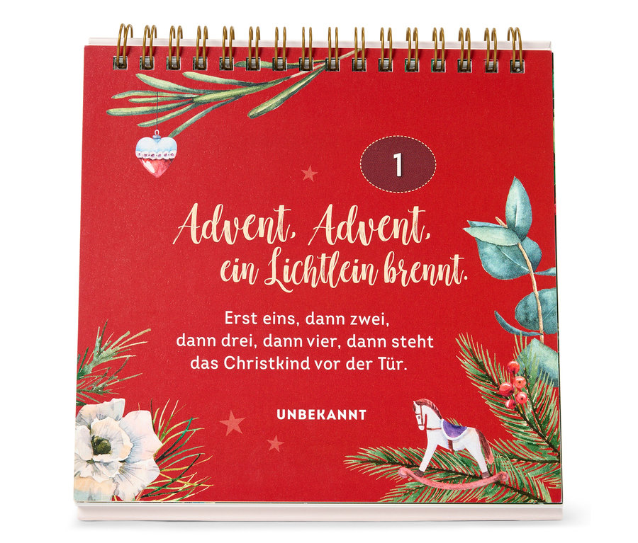 Ein roter Adventskalender mit dem Aufdruck "Advent, Advent, ein Lichtlein brennt."