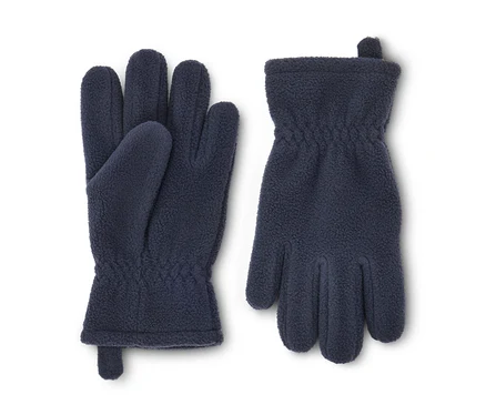 Zwei dunkelblaue Fleece-Handschuhe liegen nebeneinander, mit elastischen Bündchen und kleinen Schlaufen.