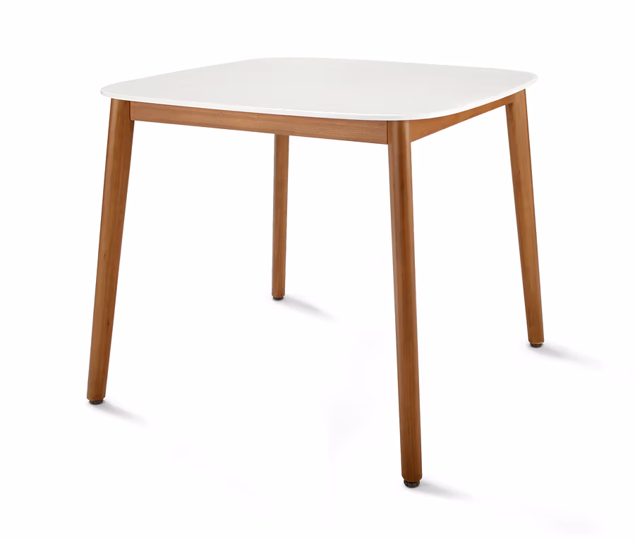 Quadratischer Gartentisch, ca. 90 x 90 cm, mit weißer Platte und Holzbeinen.