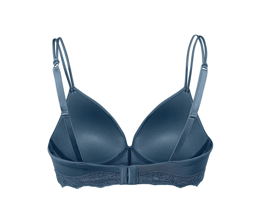 Detailansicht von hinten eines blauen Softschalen-BHs mit Spitze am Unterbrustband.
