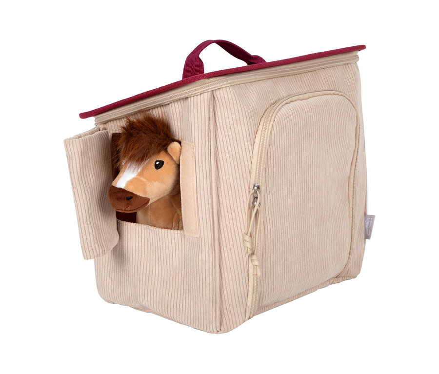 Plüschpferd schaut aus dem small foot Spiel-Set Pferd mit Stall.