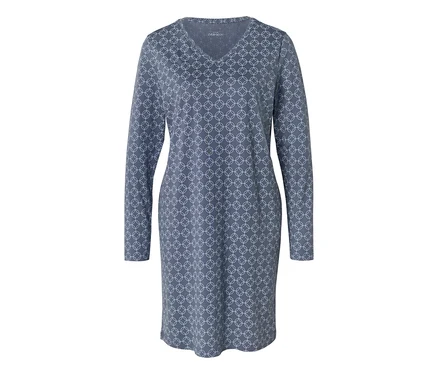 Graues, langärmeliges Kleid mit V-Ausschnitt und geometrischem Muster.