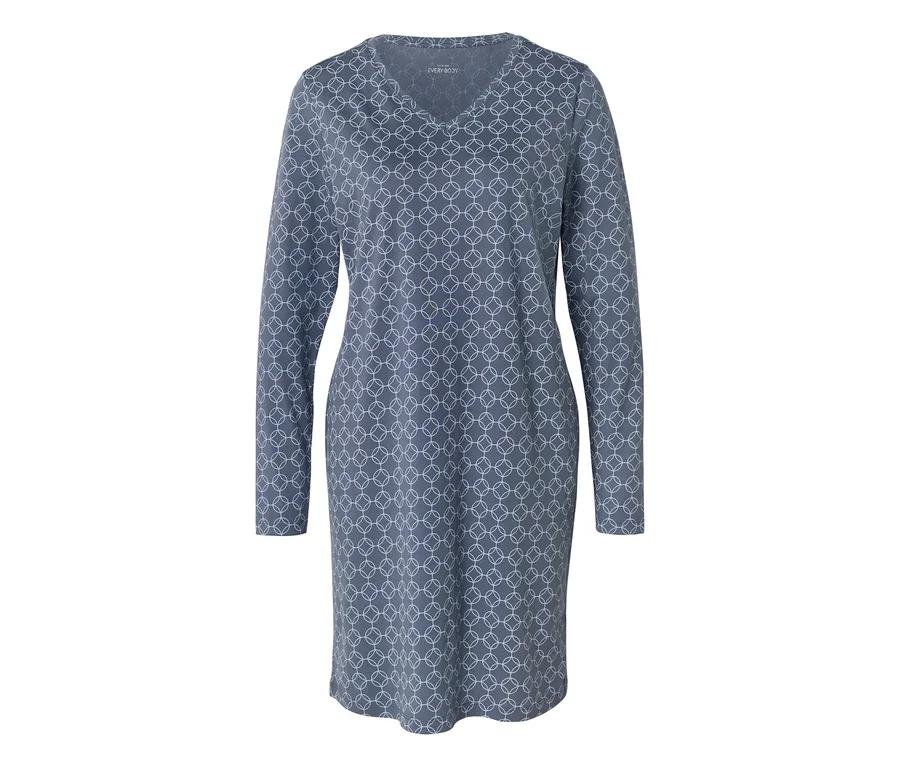 Graues, langärmeliges Kleid mit V-Ausschnitt und geometrischem Muster.