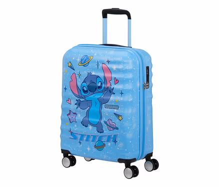 Hellblauer Koffer mit Stitch-Motiv, umgeben von Sternen, Planeten und Herzen, mit ausziehbarem Griff, Rollen und Zahlenschloss.