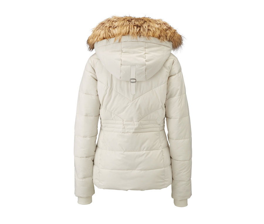 Rückansicht einer Steppjacke mit Kapuze und Fellbesatz.