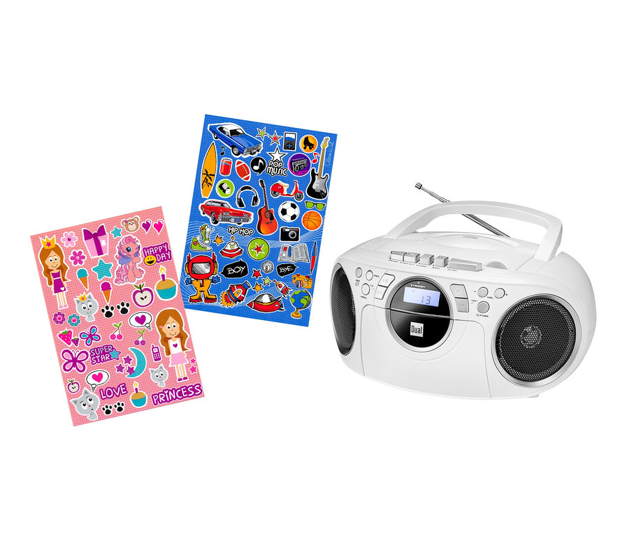 Zwei Stickerbögen und eine weiße Dual-P-70s-Boombox mit Radio, CD- und Kassettenlaufwerk.