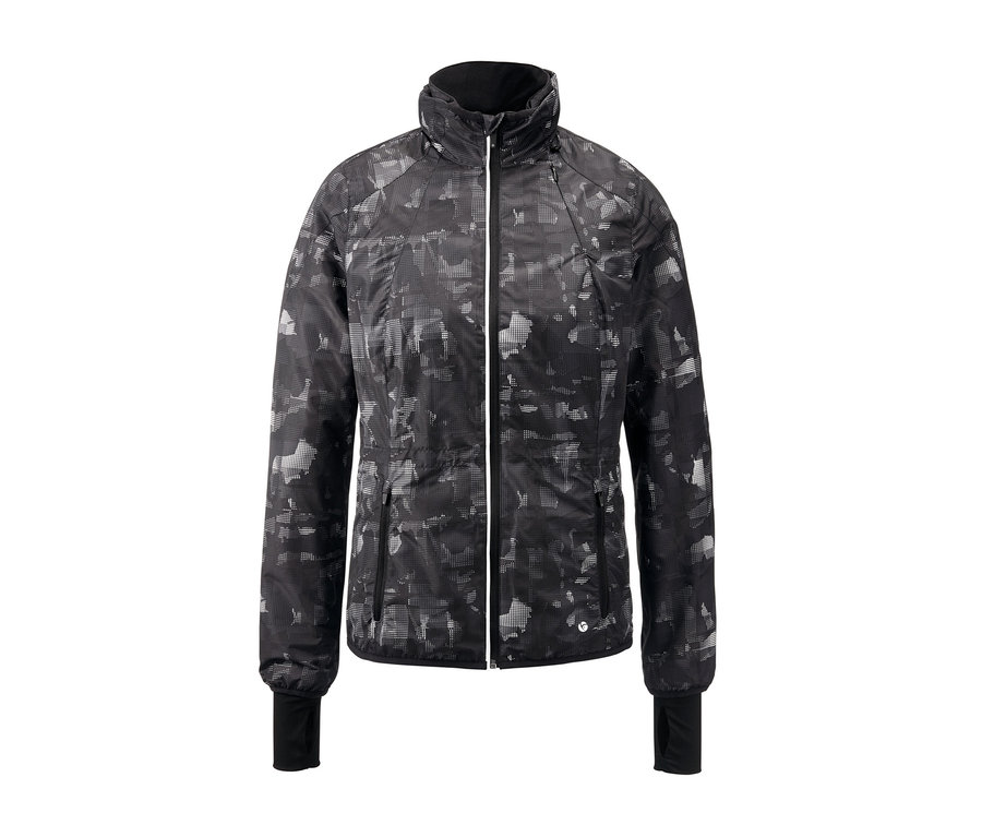 Eine schwarze Windprotection-Laufjacke mit weißem Reißverschluss.