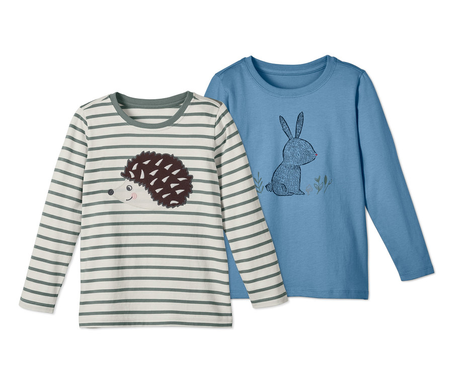 Zwei Langarmshirts, eines mit Igel, das andere mit Kaninchen.
