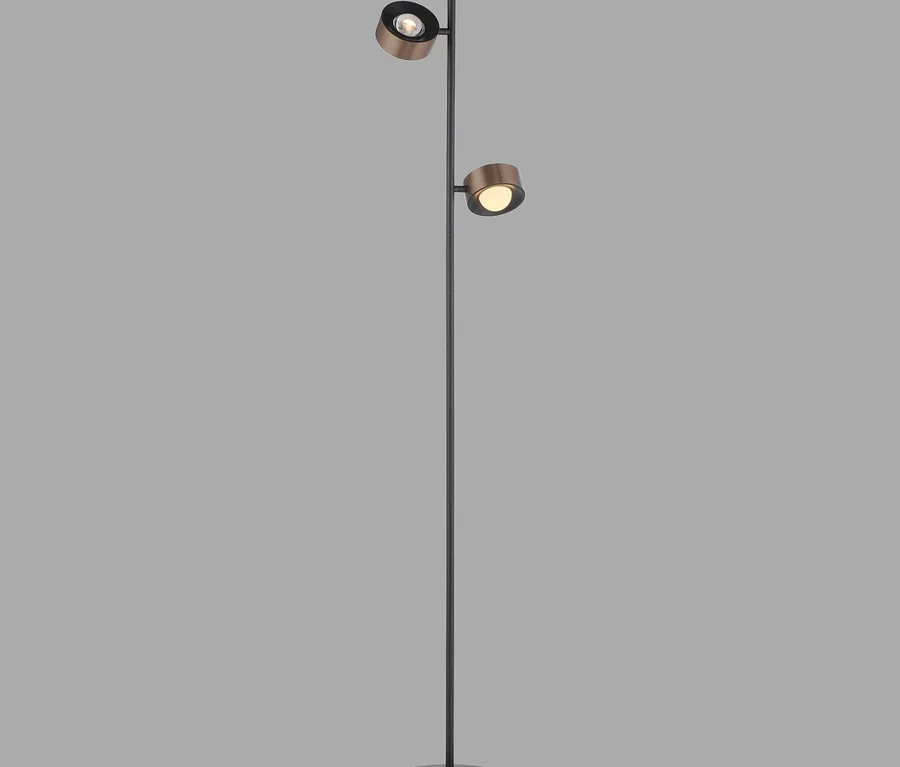 Eine hohe, schwarze Stehlampe mit rundem Fuß und zwei verstellbaren Leuchtköpfen. Die Leuchtköpfe sind außen bronzefarben; der untere leuchtet, der obere ist aus.