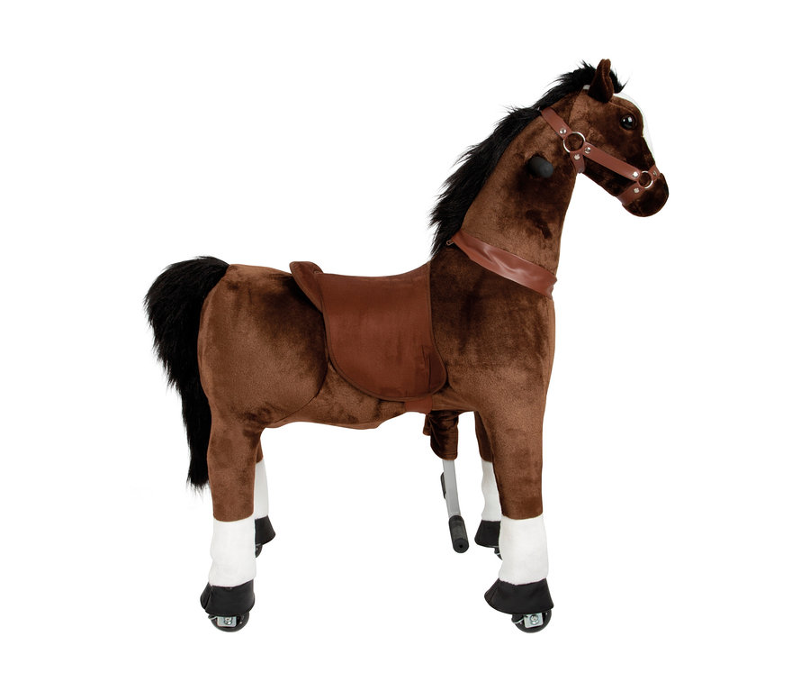 Braunes small foot Reitpferd auf Rollen mit schwarzer Mähne, Sattel und Zaumzeug.