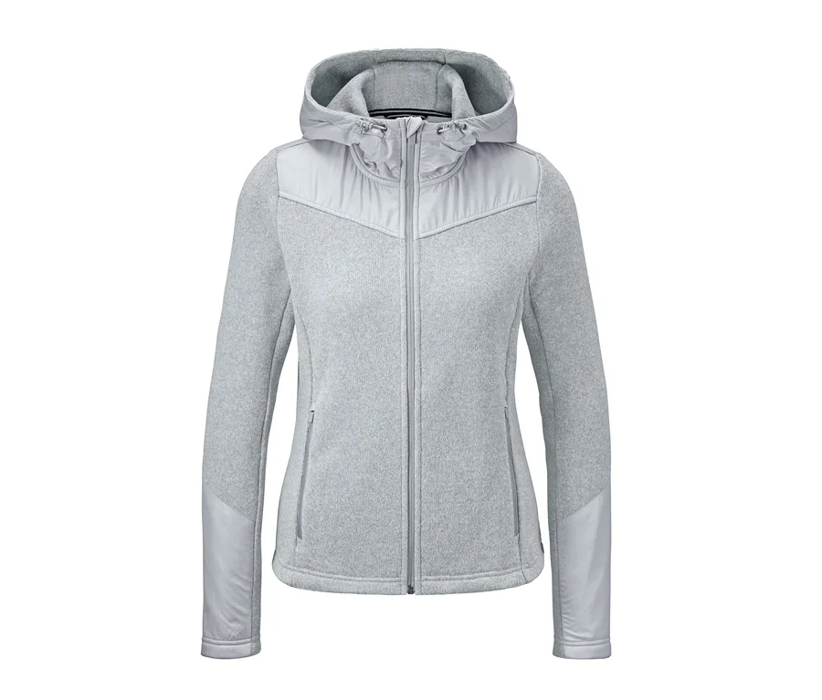 Graue Hybrid-Strickfleecejacke mit Kapuze.