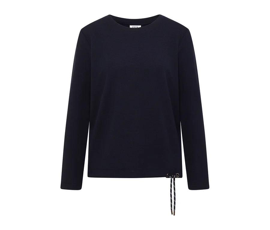 Dunkelblaues CECIL Shirt mit langen Ärmeln und Kordelzug am rechten Saum.