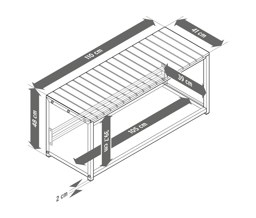 Technische Zeichnung einer 110 cm Kaminholzbank mit Lattenrostplatte. Die Bank ist 110 cm lang, 48 cm hoch und 41 cm tief. Der Stauraum ist 105 cm lang, 39,7 cm hoch und 39 cm tief.