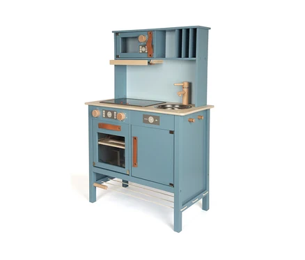 Eine blaue small foot Kinderküche kompakt »tasty« mit Ofen, Kochfeld, Spüle und Mikrowelle.
