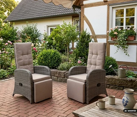 Zwei graue Relaxsessel »Salerno« im Rattan-Stil mit beigen Polstern und ausgefahrenen Fußstützen stehen auf einer Ziegelterrasse vor einem üppigen Garten mit Haus im Hintergrund.