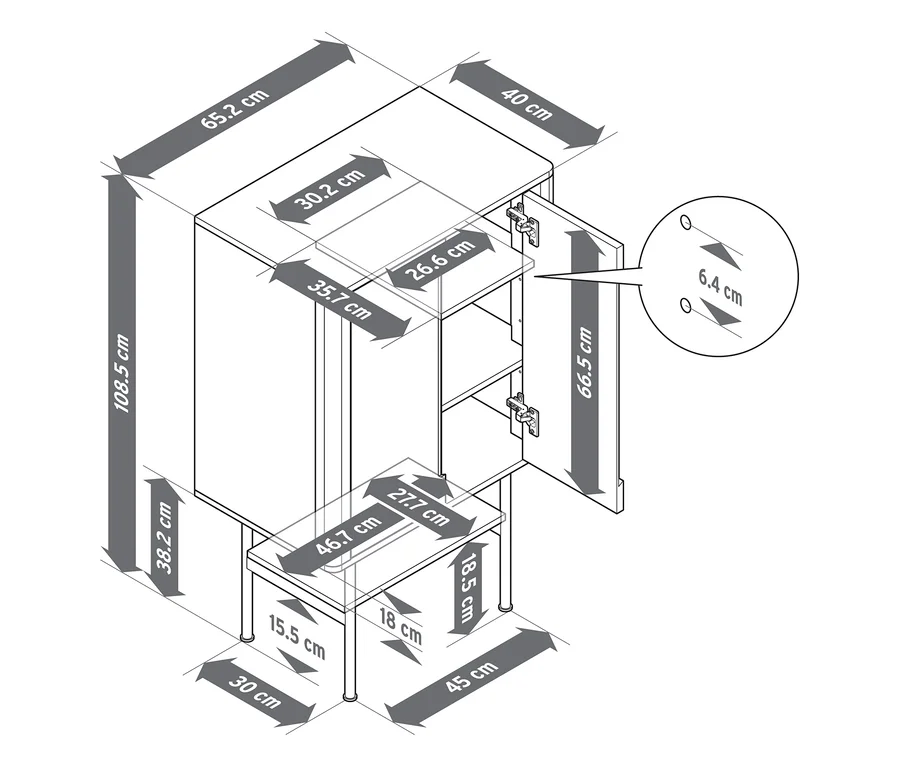 Diagramm eines Highboards mit 2 Türen, das seine Abmessungen zeigt. Das Highboard ist 108,5 cm hoch, 65,2 cm breit und 40 cm tief. Eine Tür ist geöffnet und gibt den Blick auf Regalböden frei. Ein unteres offenes Fach ist ebenfalls abgebildet, mit verschiedenen internen und externen Maßen, einschließlich einer Türstärke von 6,4 cm.