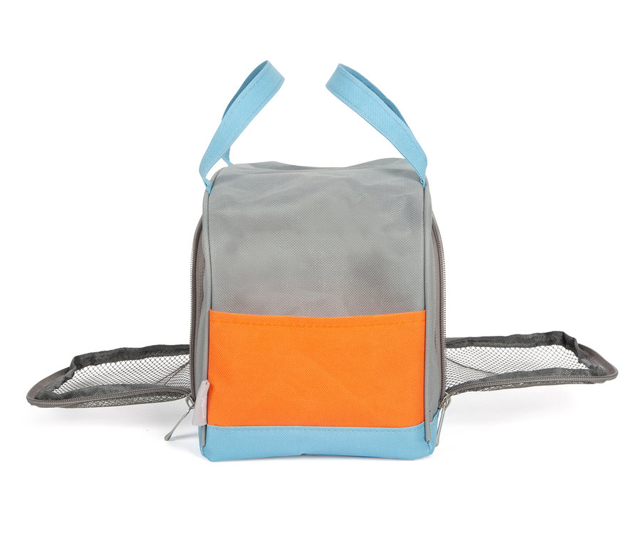 Graue Tasche mit orangefarbener Tasche und blauen Details.