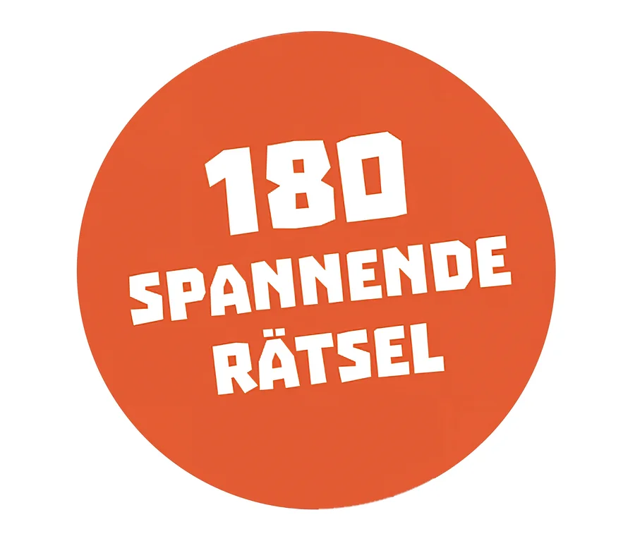 Oranger Kreis mit weißem Text „180 SPANNENDE RÄTSEL“.