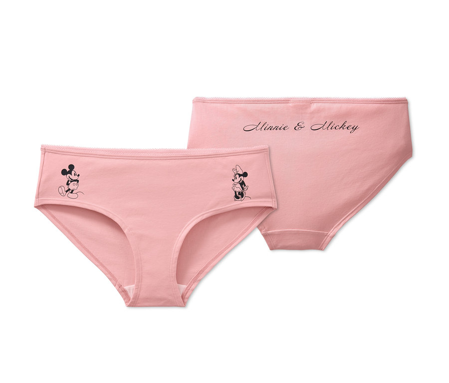 Zwei hellrosa »Disney« Pantys, eine mit Mickey Mouse-Bild und die andere mit dem Schriftzug "Minnie & Mickey".